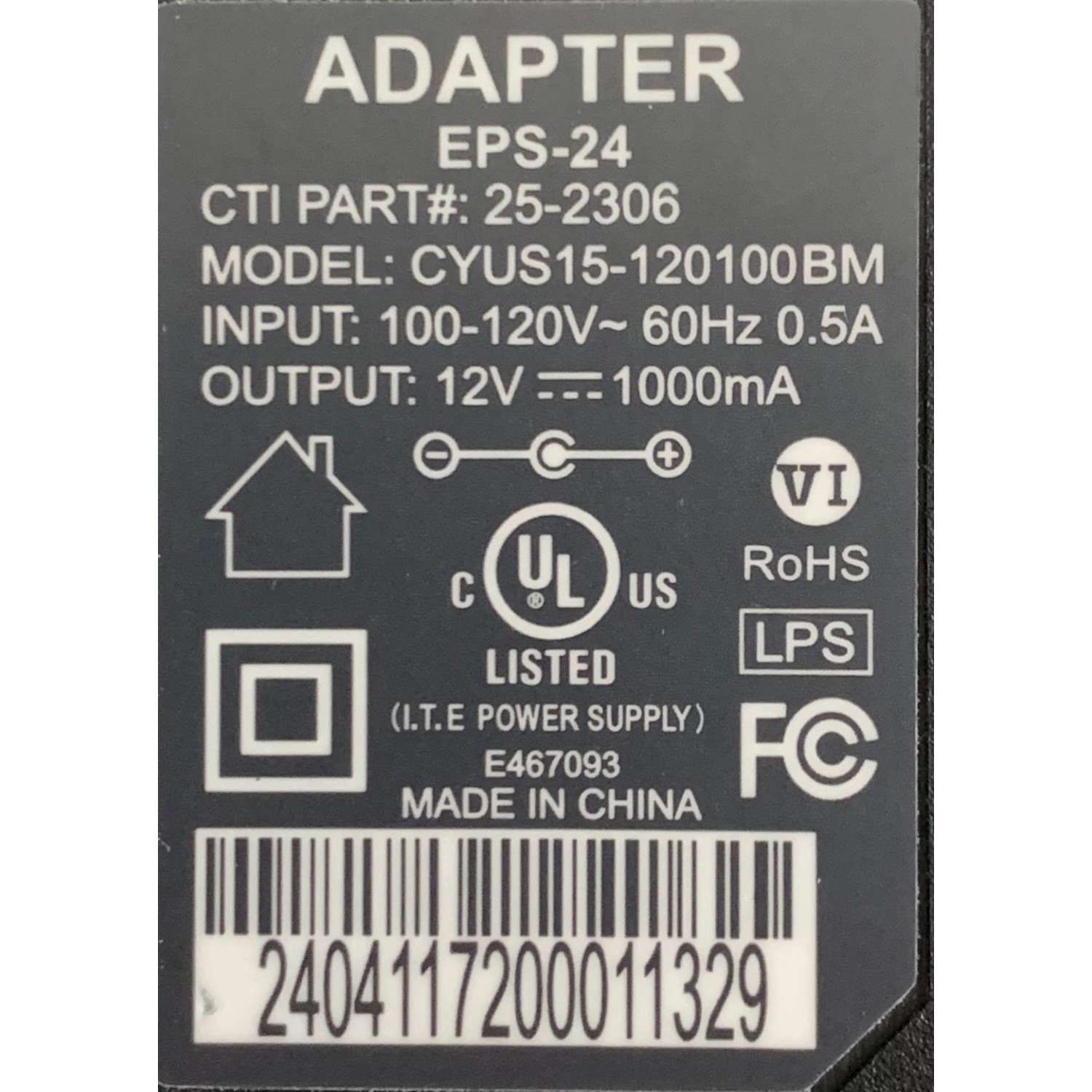 CARGADOR / ADAPTADOR DE FUENTE DE ALIMENTACION COMCAST / VCA-VCD / NUMERO DE PARTE 25-2306 / EPS-24 / ENTRADA VCA 100-120V~ 60HZ 0.5A / SALIDA VCD 12V 1000MA / MODELO CYUS15-120100BM - Imagen 2